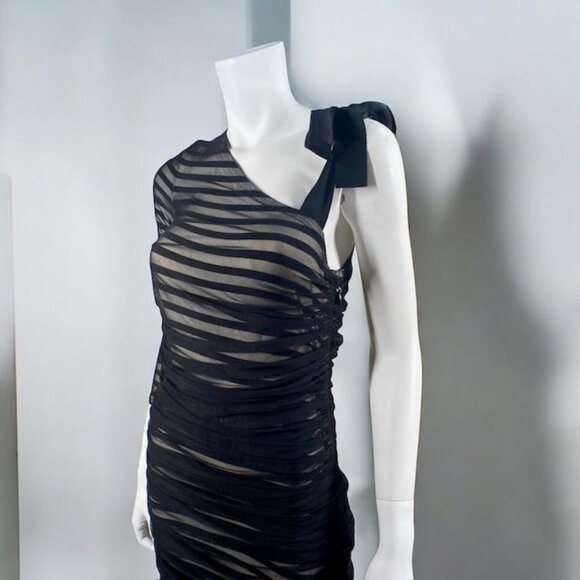 BCBGMaxAzria One Shoulder Striped Mesh Overlay Pencil Dress Black, size Medium - Picture 15 of 16